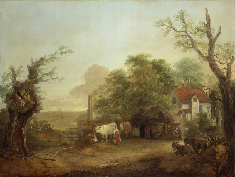 Dwór wiejski z mleczarką, krowami i osiołkami - Thomas Gainsborough