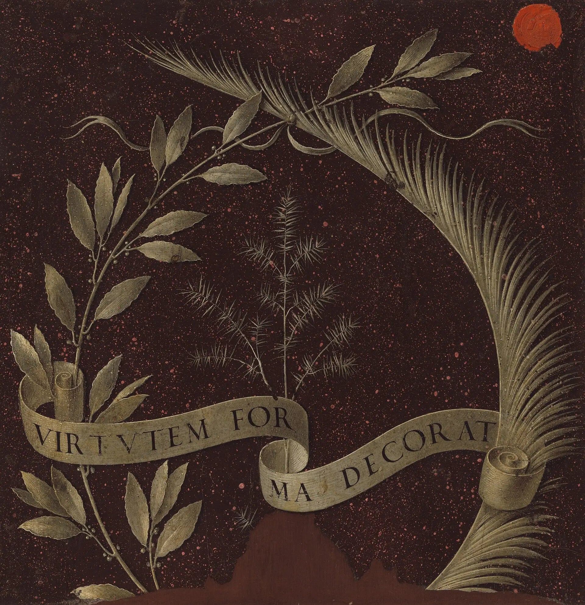 Reproduction du tableau « Couronne de laurier, de palmier et de genévrier avec un parchemin portant l'inscription Virtutem Forma Decorat [revers] - Léonard de Vinci » par Alpha Reproduction en peinture à l’huile