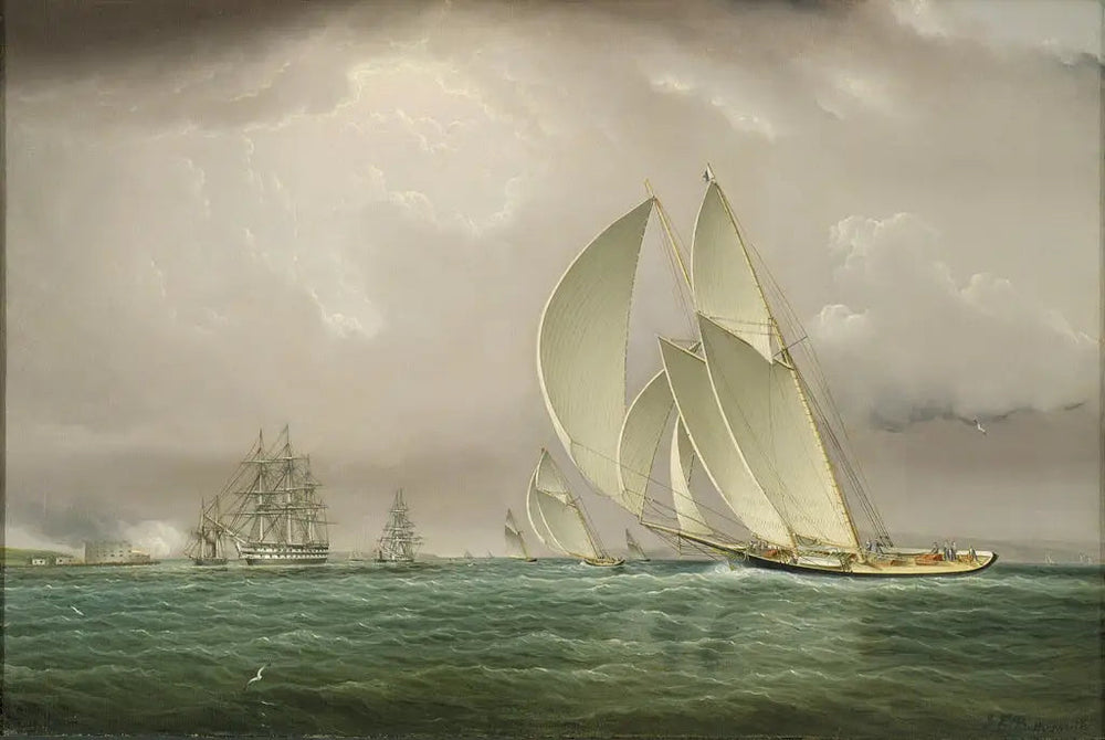 Course de yachts dans le port de New York avec salut naval au château William sur l’île du Gouverneur - James E.