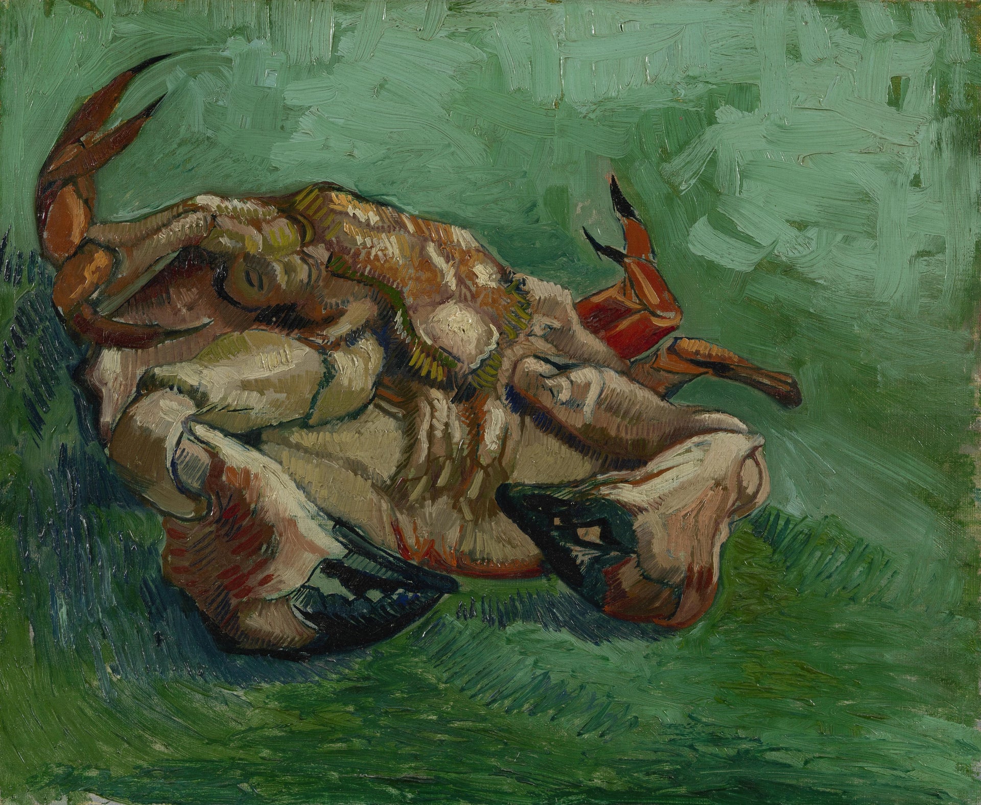 Crabe couché sur le dos, F605 — crustacé rouge-orangé sur fond vert peint par Vincent van Gogh