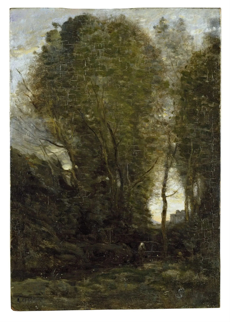 Zmierzch: Pejzaż z dużymi drzewami i postacią kobiecą - Jean-Baptiste Camille Corot
