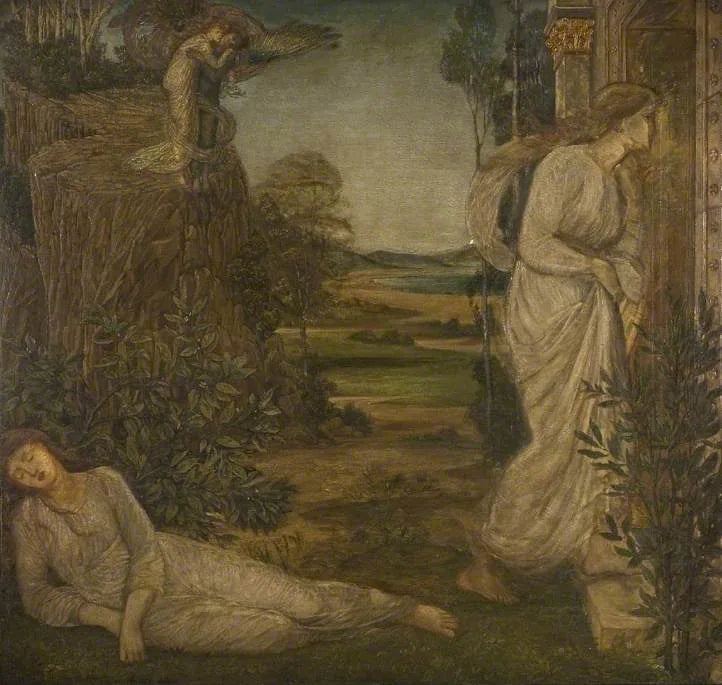 Kupidyn i Psyché - Zielone malowidła ścienne pałacu - Edward Burne-Jones