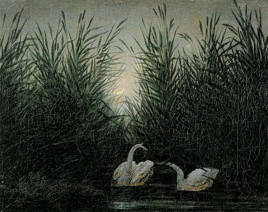 Łabędzie w trzcinach o wczesnych promieniach świtu - Caspar David Friedrich