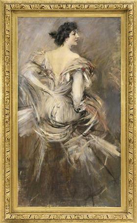 kobieta w brązowej sukni wieczorowej - Giovanni Boldini