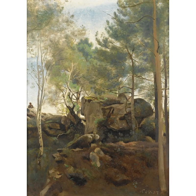 W lesie Fontainebleau. Sosny i brzozy na skałach - Jean-Baptiste Camille Corot