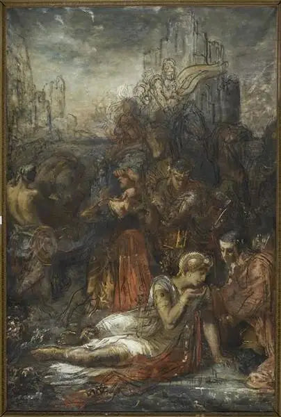 Dariusz, uciekając po bitwie pod Arbelles, zatrzymuje się, wyczerpany zmęczeniem, aby napić się w kałuży - Gustave Moreau