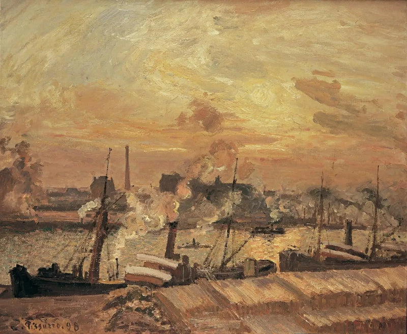 Rozładunek drewna, nabrzeże giełdowe, zachód słońca - Camille Pissarro