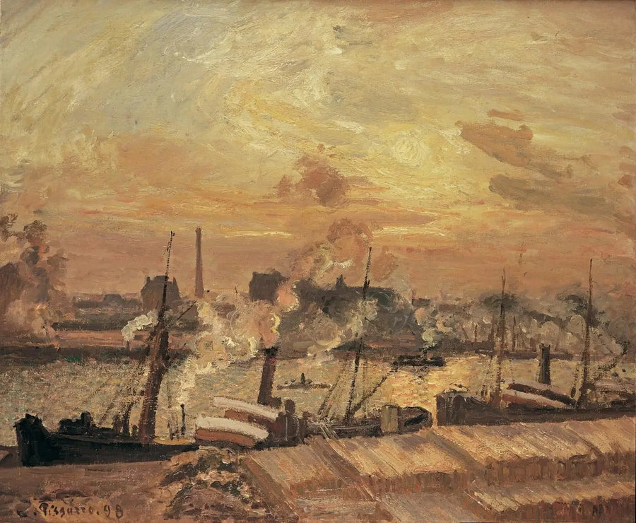 Rozładunek drewna, nabrzeże giełdowe, zachód słońca - Camille Pissarro
