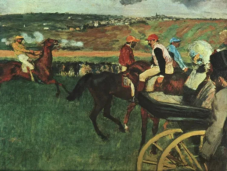 Pole wyścigowe. Amatorscy dżokeje obok samochodu - Edgar Degas