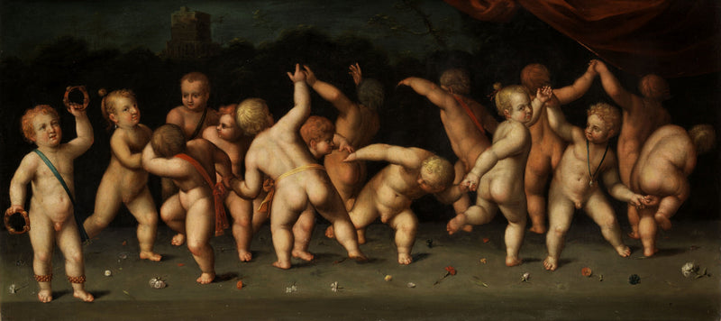 Dzieci tańczą w kole i dmuchają w krajobraz - Denis Calvaert