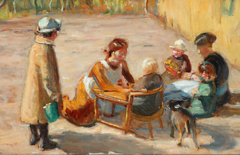 Des femmes et des enfants dans une cour ensoleillée. - Michael Peter Ancher image 1 reproduction artisanale de tableau