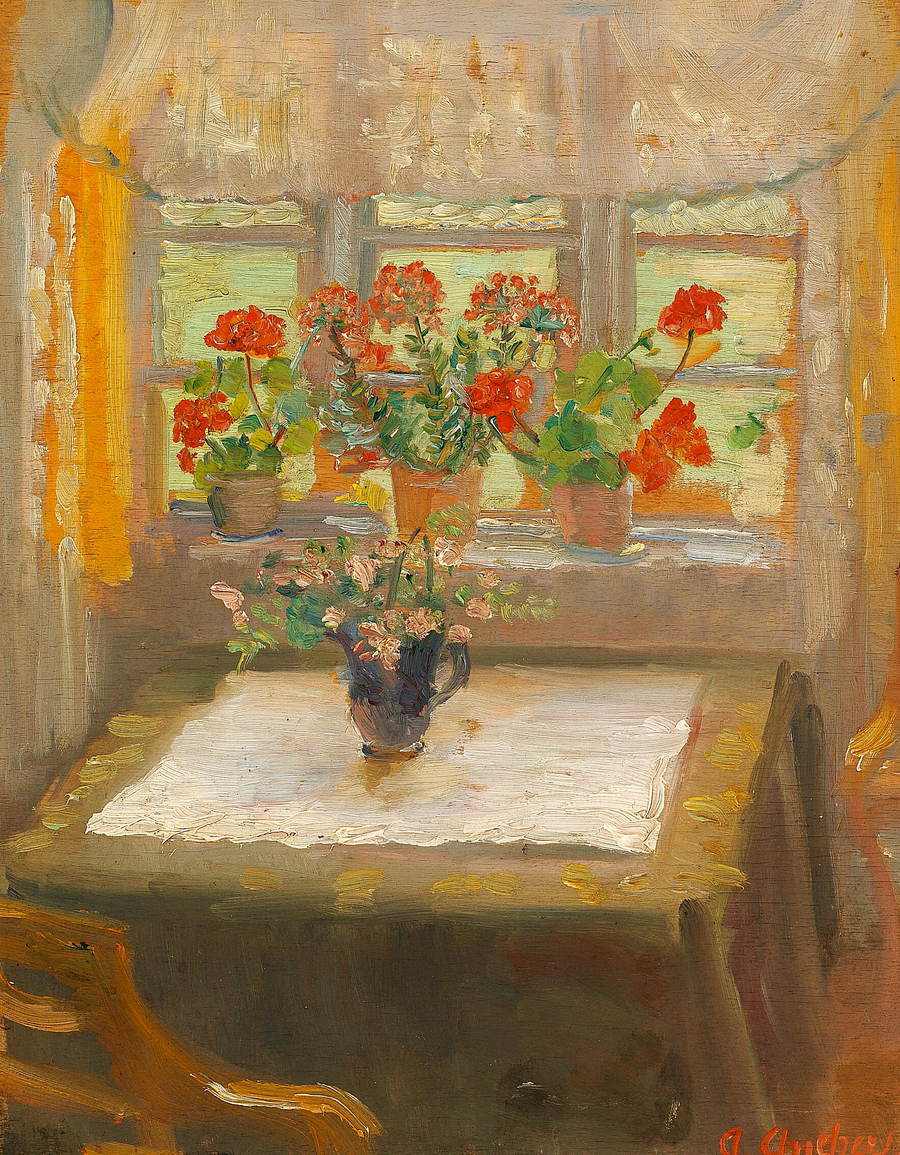 Kwiaty przy oknie małego salonu skierowanym na północ. - Anna Ancher