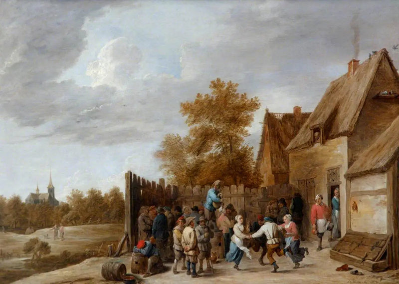 Chłopi tańczą przed tawerną, z wiejskim kościołem w oddali - David Teniers młodszy