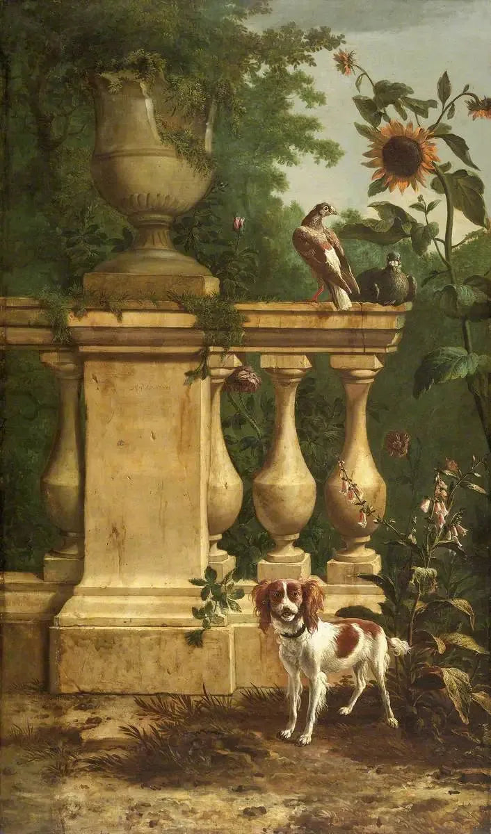 Gołębie i pies w ogrodzie - Melchior de Hondecoeter