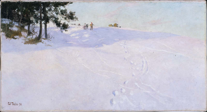 Des skieurs au sommet d'une colline enneigée - Frits Thaulow
