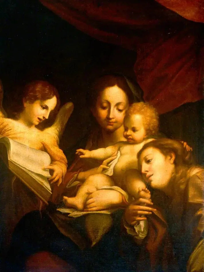 Szczegół Madonny z świętym Jerzym i Marią Magdaleną (Il Giorno) - Antonio da Correggio