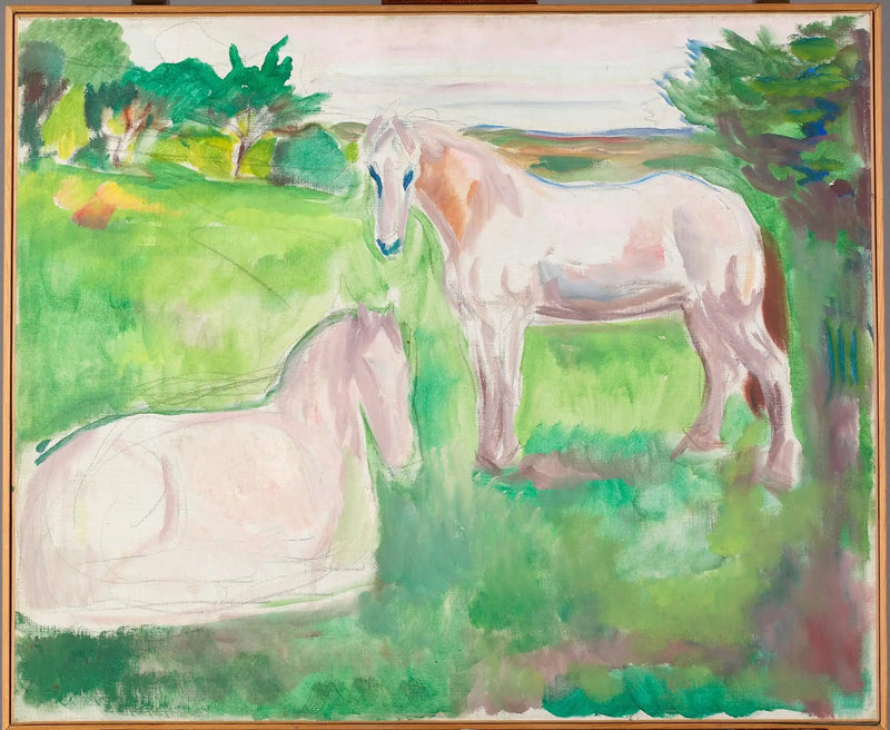 Dwa białe konie na zielonej łące - Edvard Munch