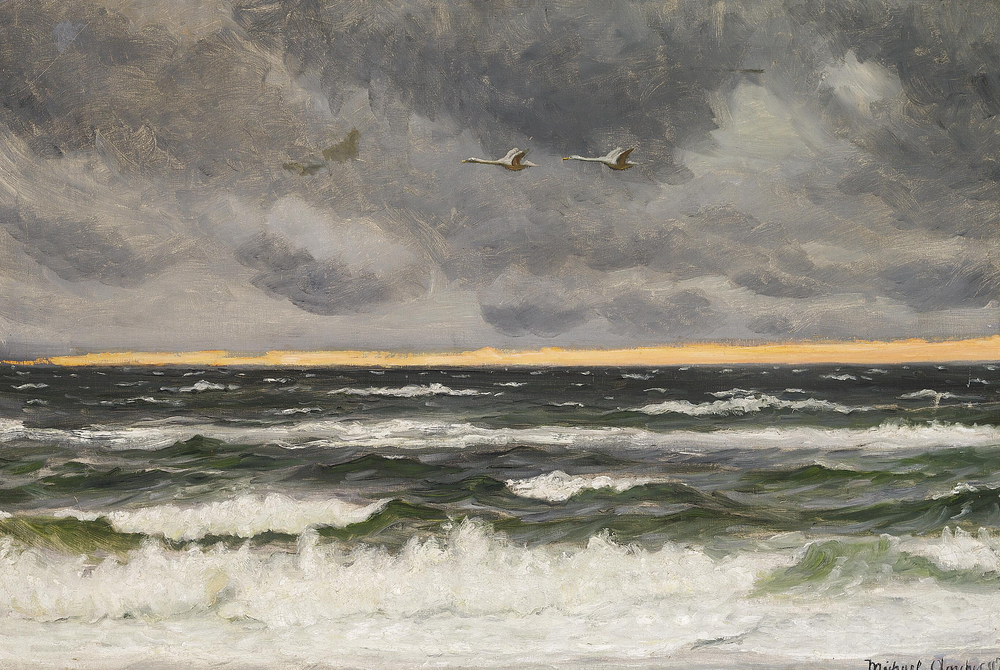 Deux cygnes survolant la mer du Nord au coucher du soleil. - Michael Peter Ancher image 1 reproduction artisanale de tableau