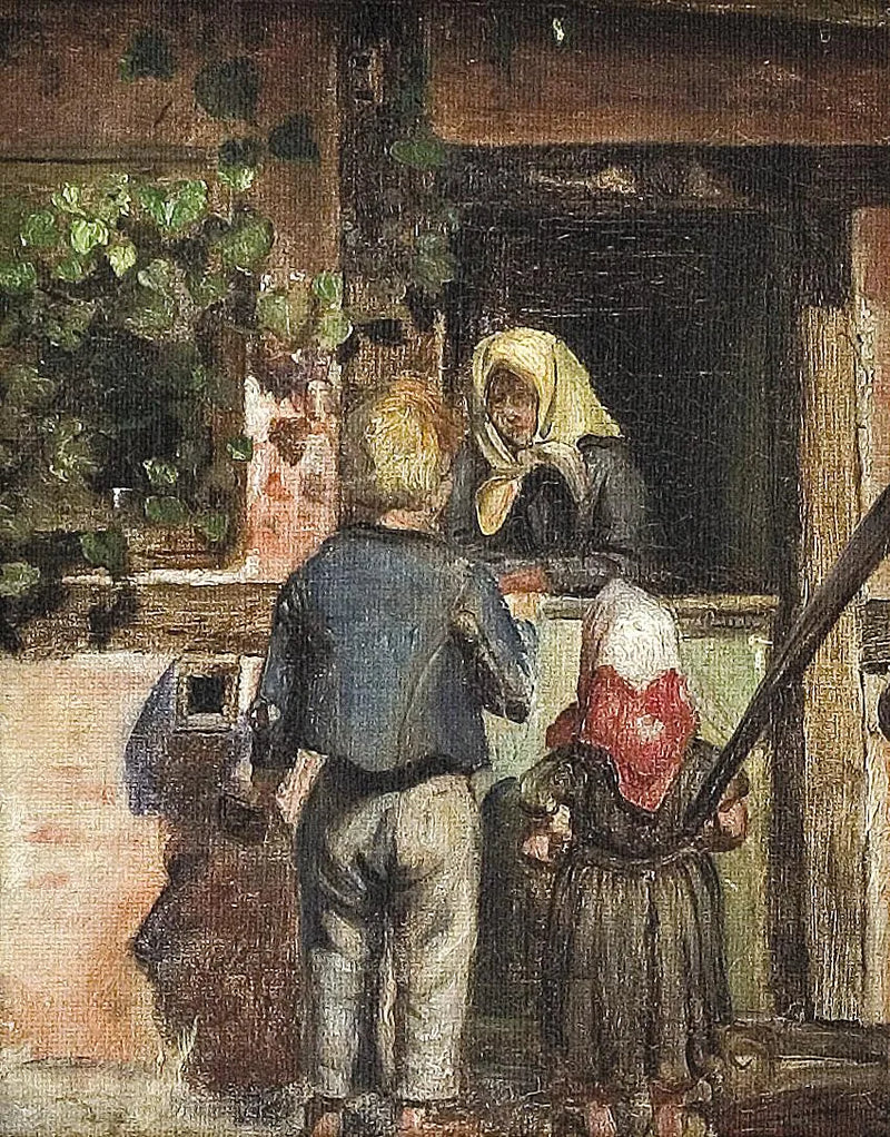 Dwoje dzieci i starsza kobieta stoją przed drzwiami. - Anna Ancher