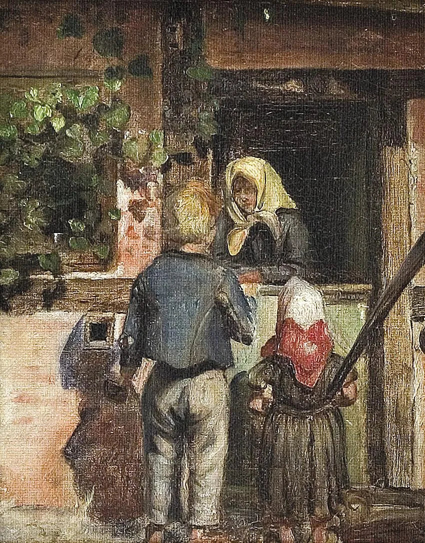 Dwoje dzieci i starsza kobieta stoją przed drzwiami. - Anna Ancher