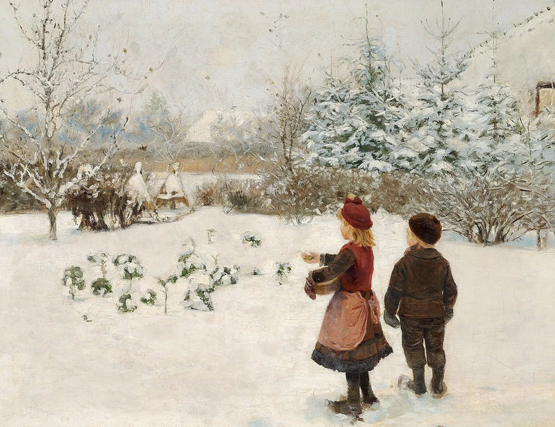 Dwoje dzieci karmią ptaki na śniegu. - H. A. Brendekilde