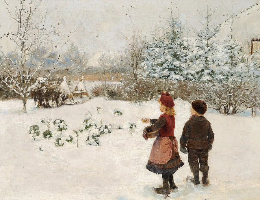 Dwoje dzieci karmią ptaki na śniegu. - H. A. Brendekilde