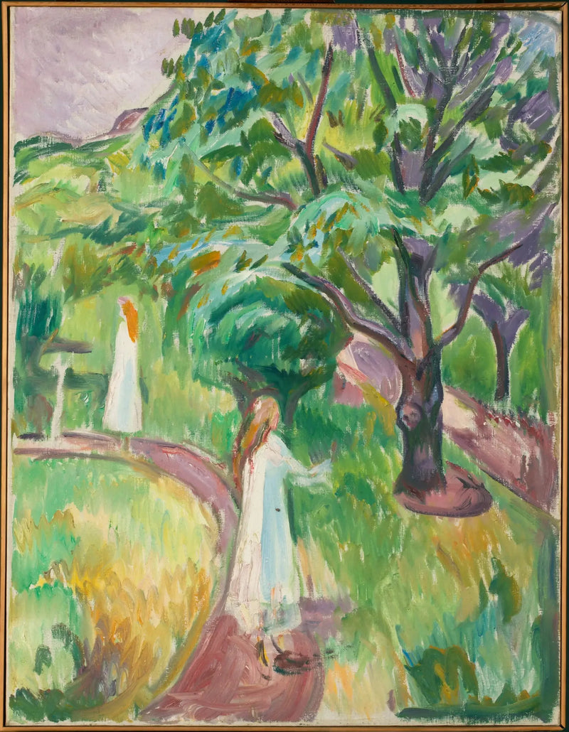 Dwie kobiety w białych sukienkach w ogrodzie - Edvard Munch