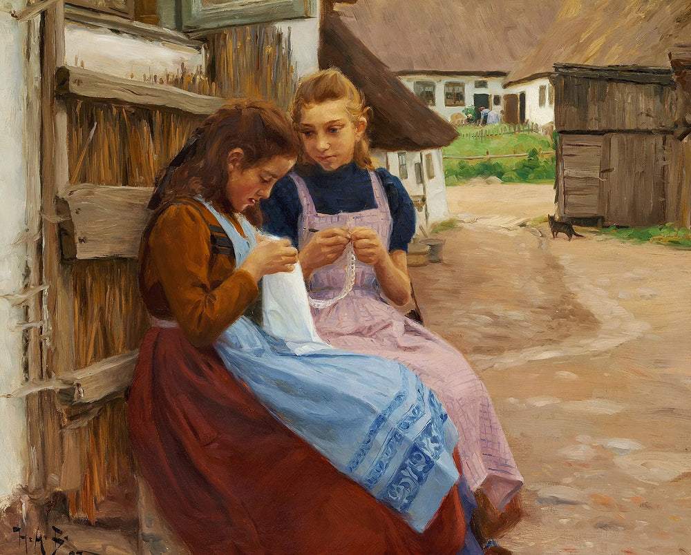 Deux filles avec des travaux d’aiguille assises dans la cour d’une ferme. - H. A. Brendekilde - Alpha Reproduction