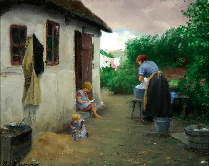 Dwie dziewczyny i ich matka w pobliżu farmy. - H. A. Brendekilde