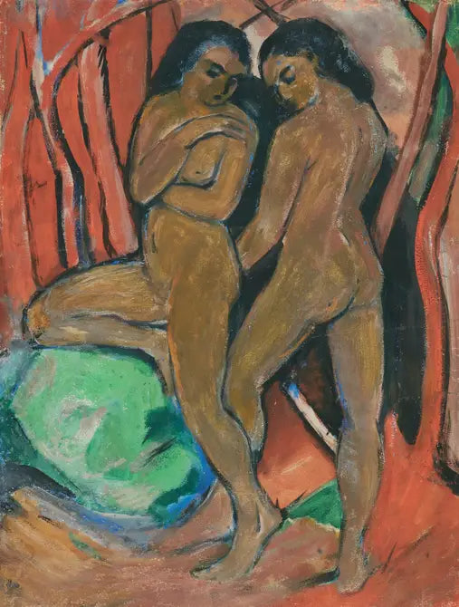 Dwie nagie dziewczyny stojące z zielonym kamieniem - Franz Marc