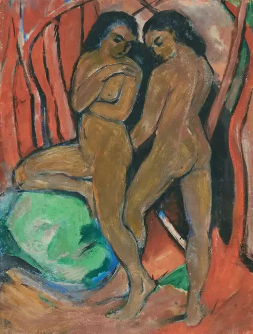 Dwie nagie dziewczyny stojące z zielonym kamieniem - Franz Marc