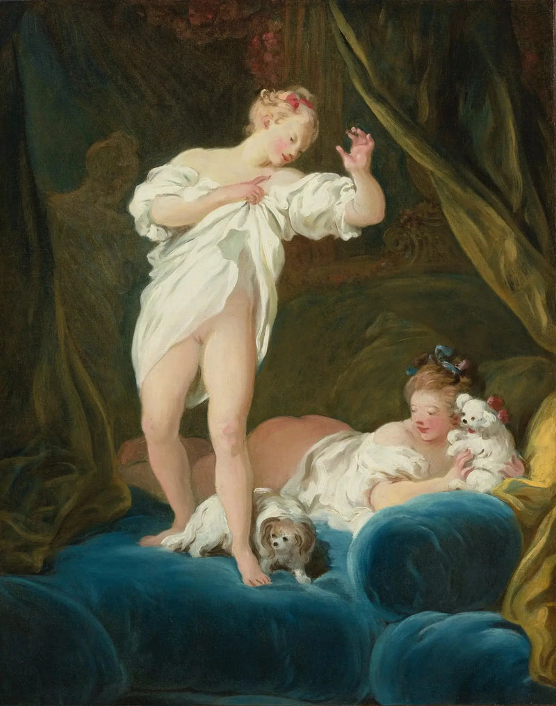 Dwie dziewczyny na łóżku bawiące się ze swoimi psami - Jean-Honoré Fragonard