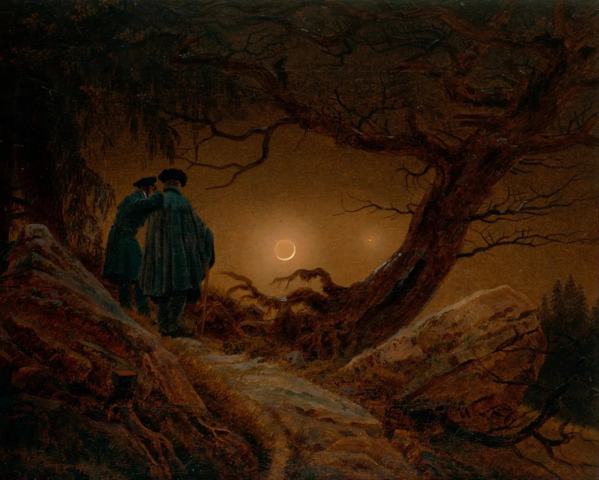 Deux Hommes contemplant la lune - Caspar David Friedrich image 1 reproduction d’œuvre d’art à l’huile