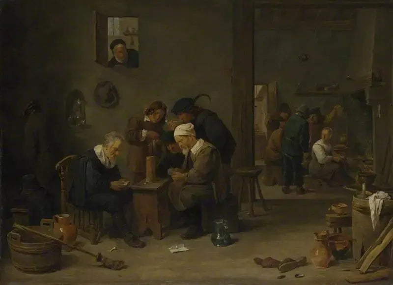 Dwóch mężczyzn grających w karty w kuchni zajazdu - David Teniers młodszy