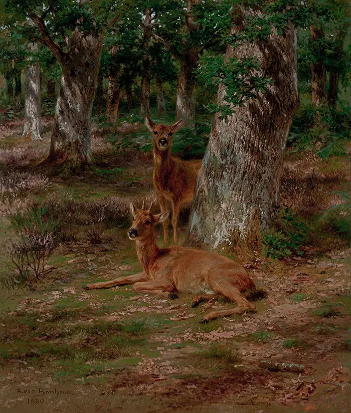 Dwoje młodych jeleni w lesie - Rosa Bonheur