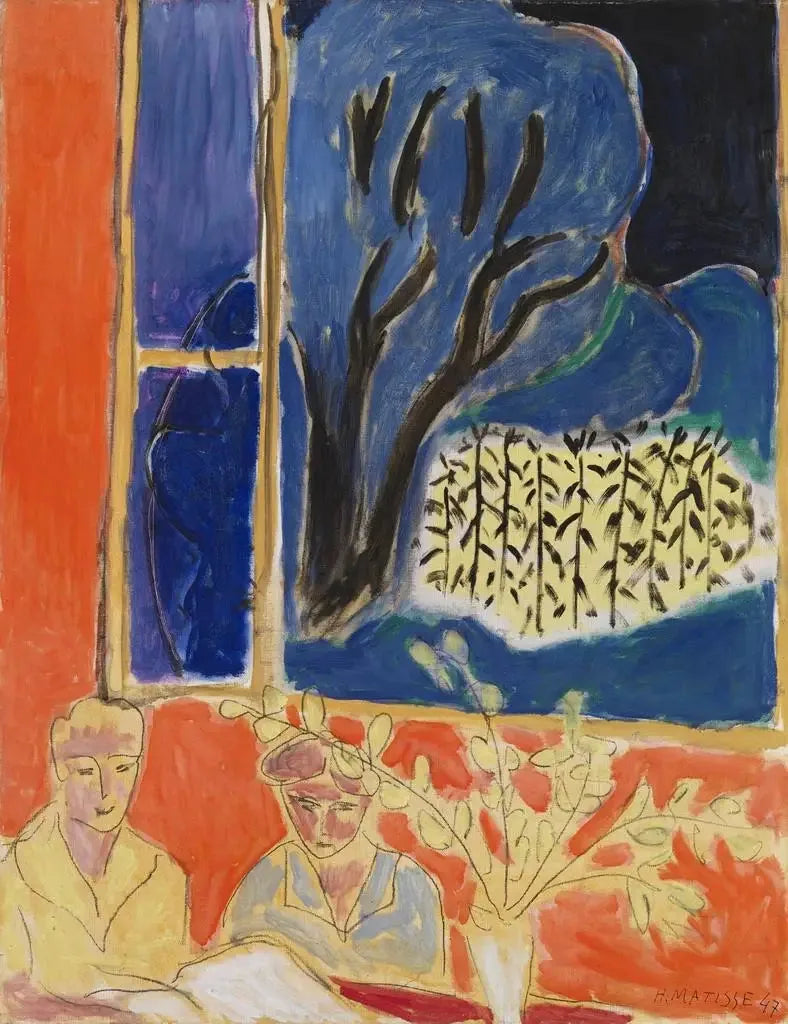 Dwie młode dziewczyny w koralowym wnętrzu, niebieski ogród (Dwie dziewczynki, koralowe tło, niebieski ogród) - Henri Matisse