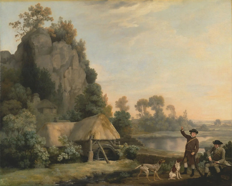 Dwóch mężczyzn wybierających się na polowanie, z widokiem na Creswell Crags, zrobione na miejscu - George Stubbs