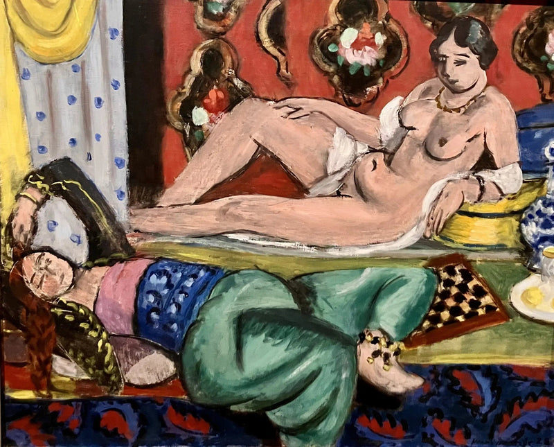 Dwie odaliski, z których jedna jest naga, tło ornamentalne i w kratkę - Henri Matisse