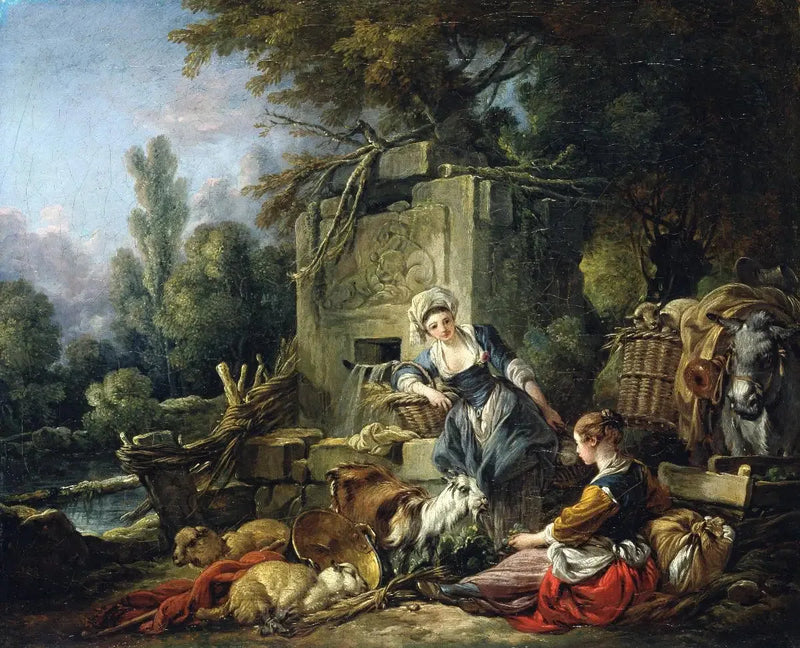 Dwie wieśniaczki przy rustykalnej fontannie - François Boucher