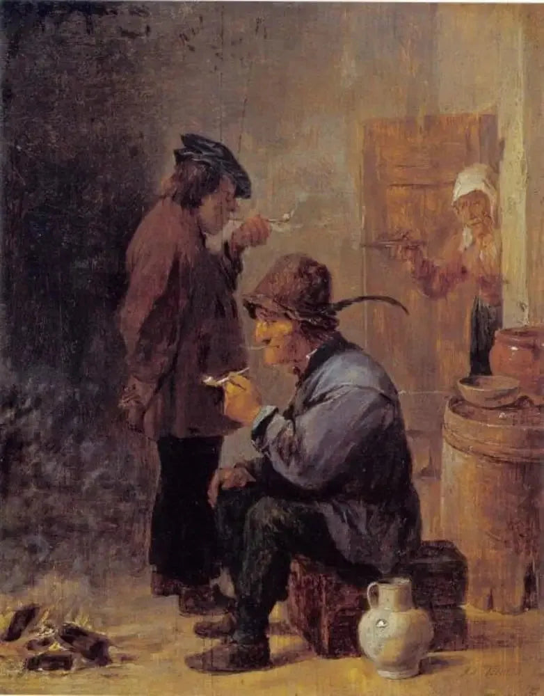 Dwóch rolników palących przy ognisku z węglem - David Teniers Młodszy