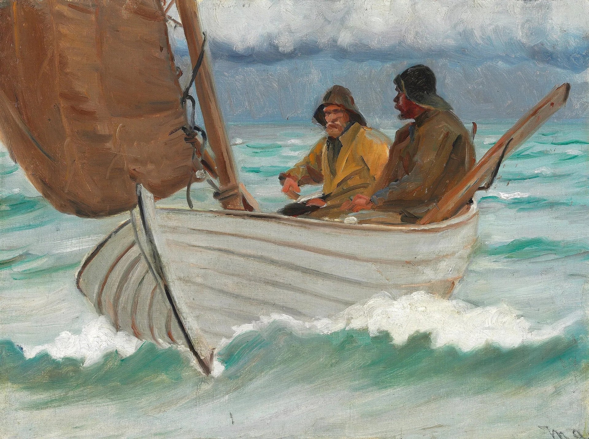 Deux pêcheurs de Skagen à bord d'un voilier au large des côtes. - Michael Peter Ancher image 1 reproduction de peinture à l’huile