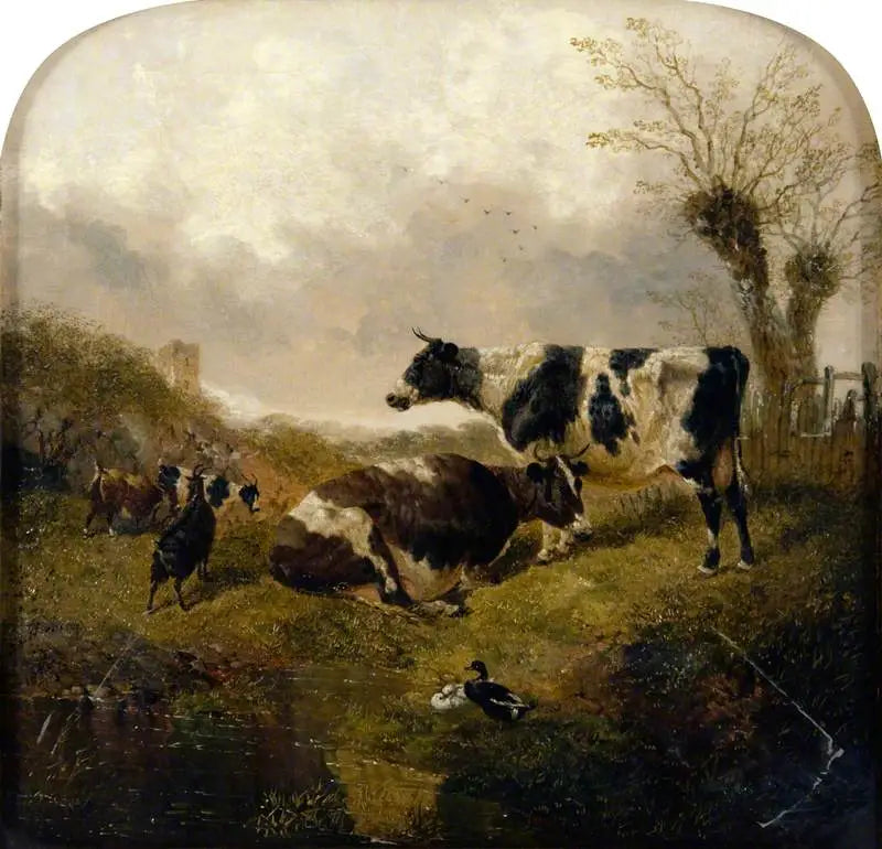 Dwa krowy z kozą i kaczkami na krajobrazie - John Frederick Herring, Sr.