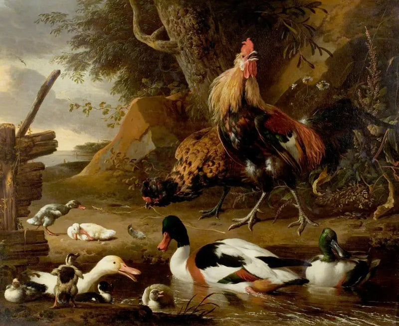 Dwie ptaki i kaczki na stawie - Melchior de Hondecoeter