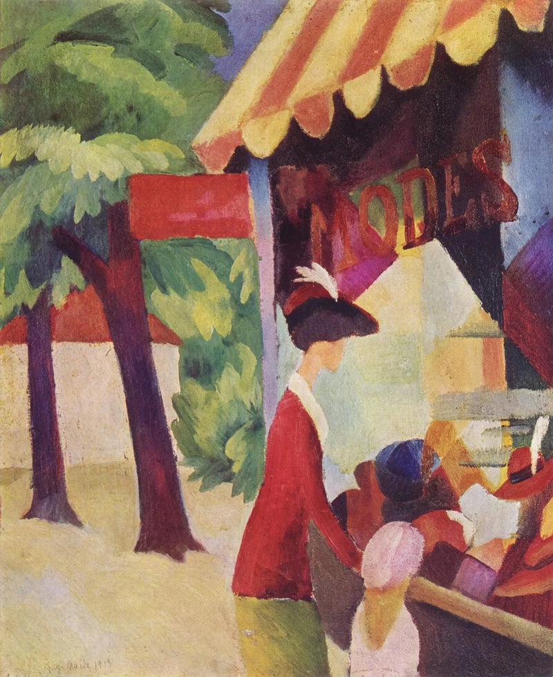 Przed kapelusznikiem (Kobieta w czerwonej kurtce z dzieckiem) - August Macke