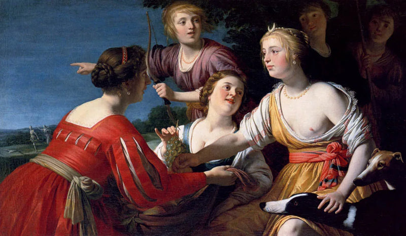 Diane odpoczywająca po polowaniu, z pasterkami i dwoma chartami, krajobraz w tle - Gerrit van Honthorst