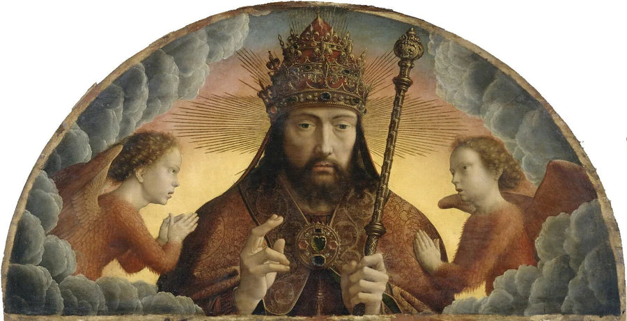 Bóg Ojciec błogosławiący między dwoma aniołami - Gérard David