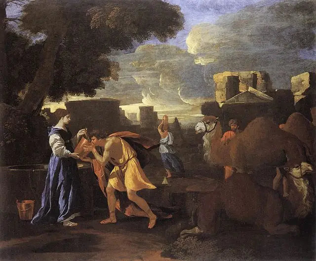 Eliezer i Rebeka przy studni lub Rebeka gasząca pragnienie Eliezera. - Nicolas Poussin