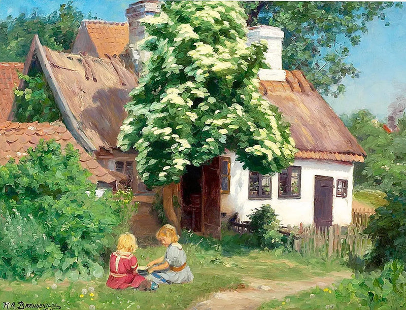 Dzieci bawiące się przed farmą. - H. A. Brendekilde