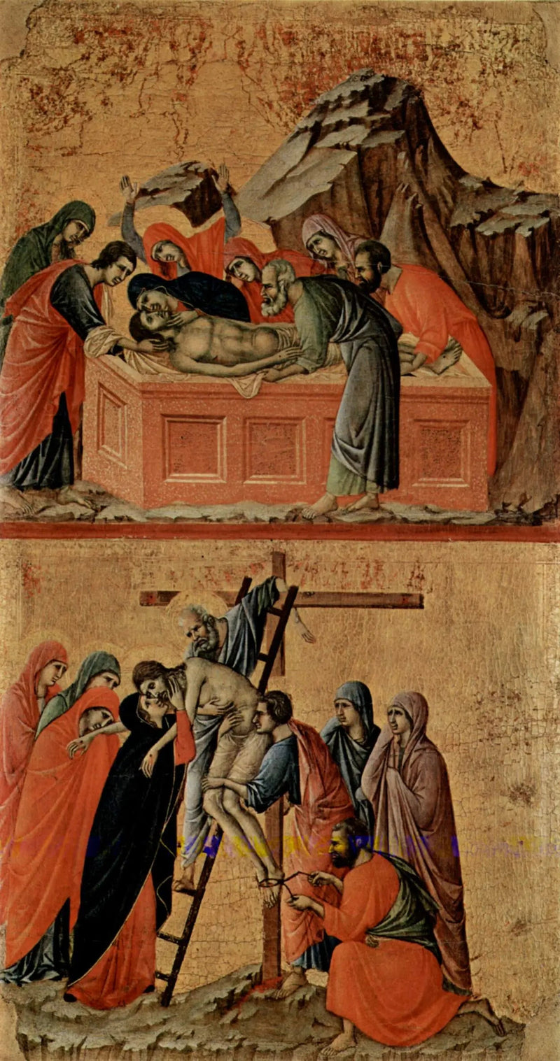 Pogrzeb Chrystusa (góra); Zdjęcie z krzyża (dół) - Duccio di Buoninsegna