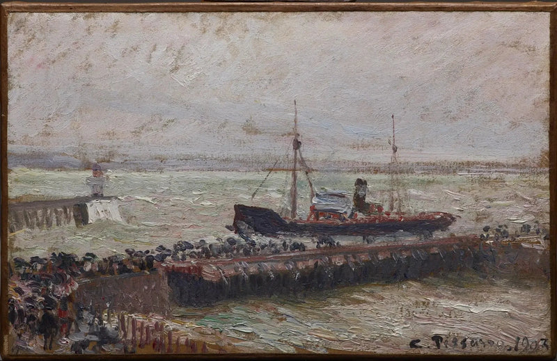 Wejście do portu w Hawrze, pochmurne niebo - Camille Pissarro